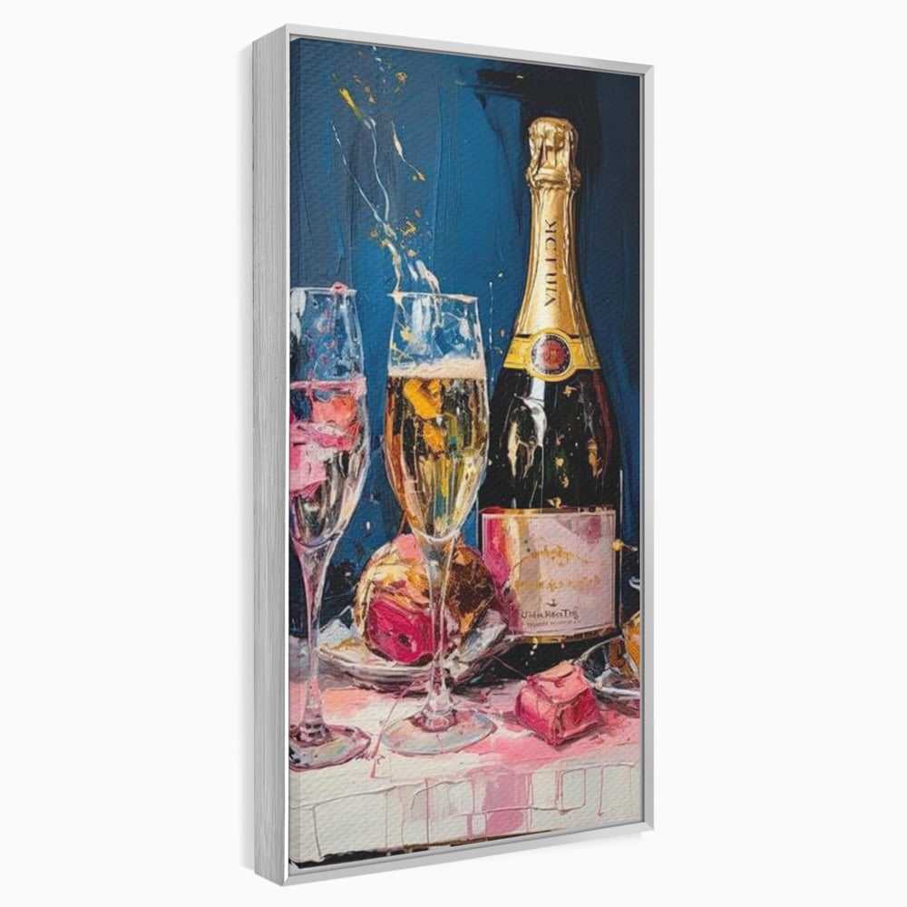 Tablou canvas cu tablou canvas cu sticla de sampanie si pahare, in rama de aluminiu argintiu